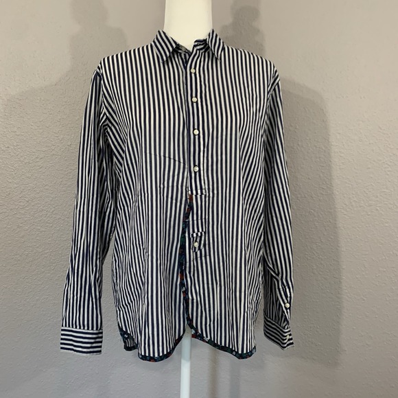 Holding Horses Anthropologie Navy White Striped Floral Button Up Tunic SZ Small - Picture 2 of 10